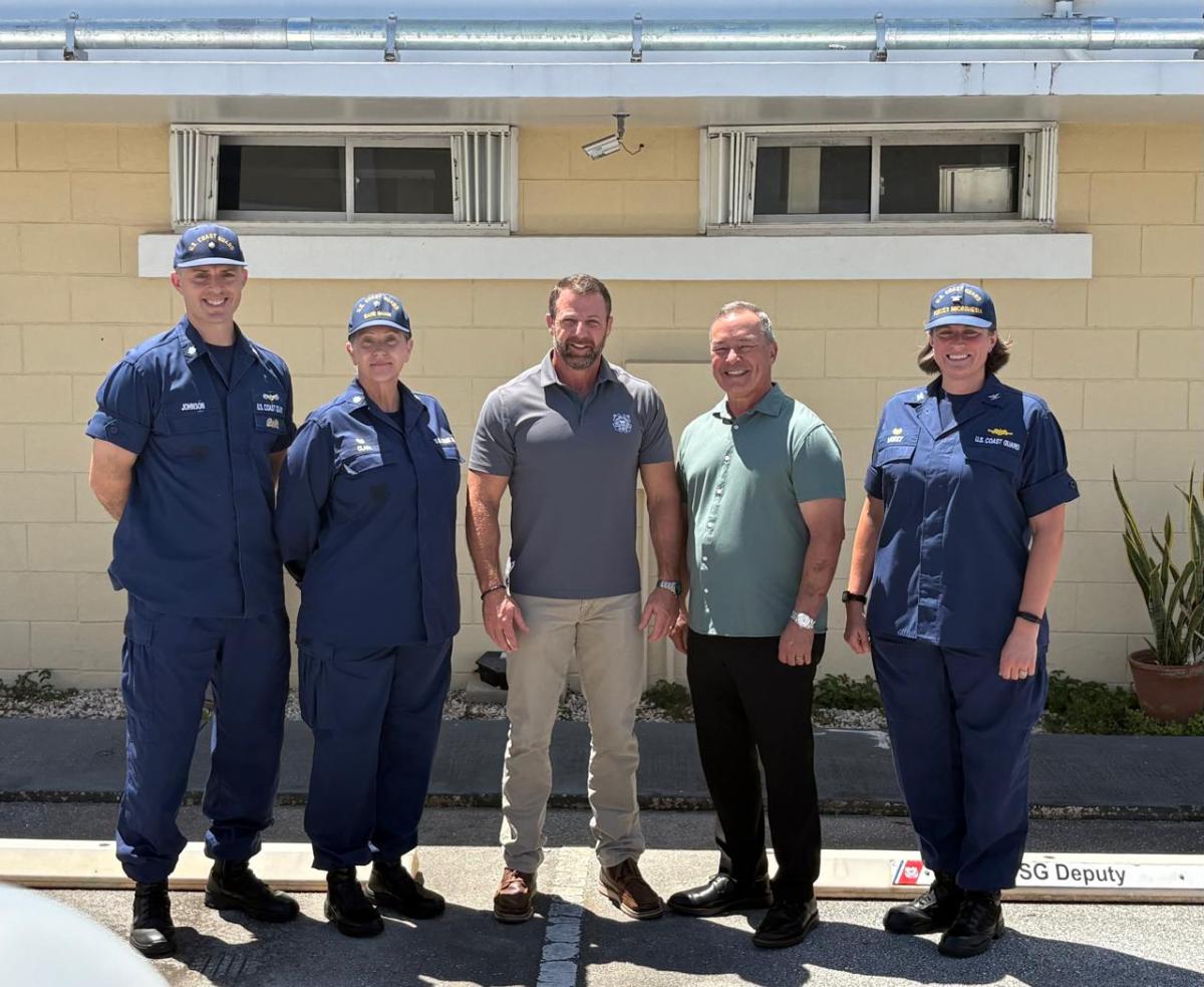 Rep. Moylan with DHS Secretary Mullin,  Capt. Jessica Worst, commander of U.S. Coast Guard Forces Micronesia/Sector Guam and U.S. Coast Guard Memebers