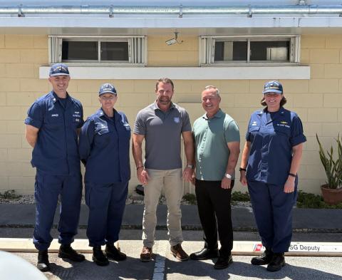 Rep. Moylan with DHS Secretary Mullin,  Capt. Jessica Worst, commander of U.S. Coast Guard Forces Micronesia/Sector Guam and U.S. Coast Guard Memebers